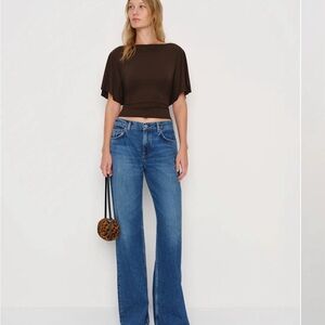 Reformation Brown Top with Blue Flare Jeans